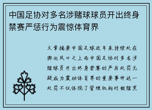中国足协对多名涉赌球球员开出终身禁赛严惩行为震惊体育界 中国足协对多名涉赌球球员开出终身禁赛严惩行为震惊体育界