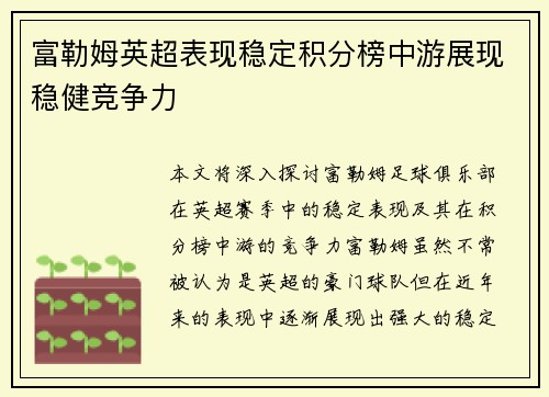 富勒姆英超表现稳定积分榜中游展现稳健竞争力